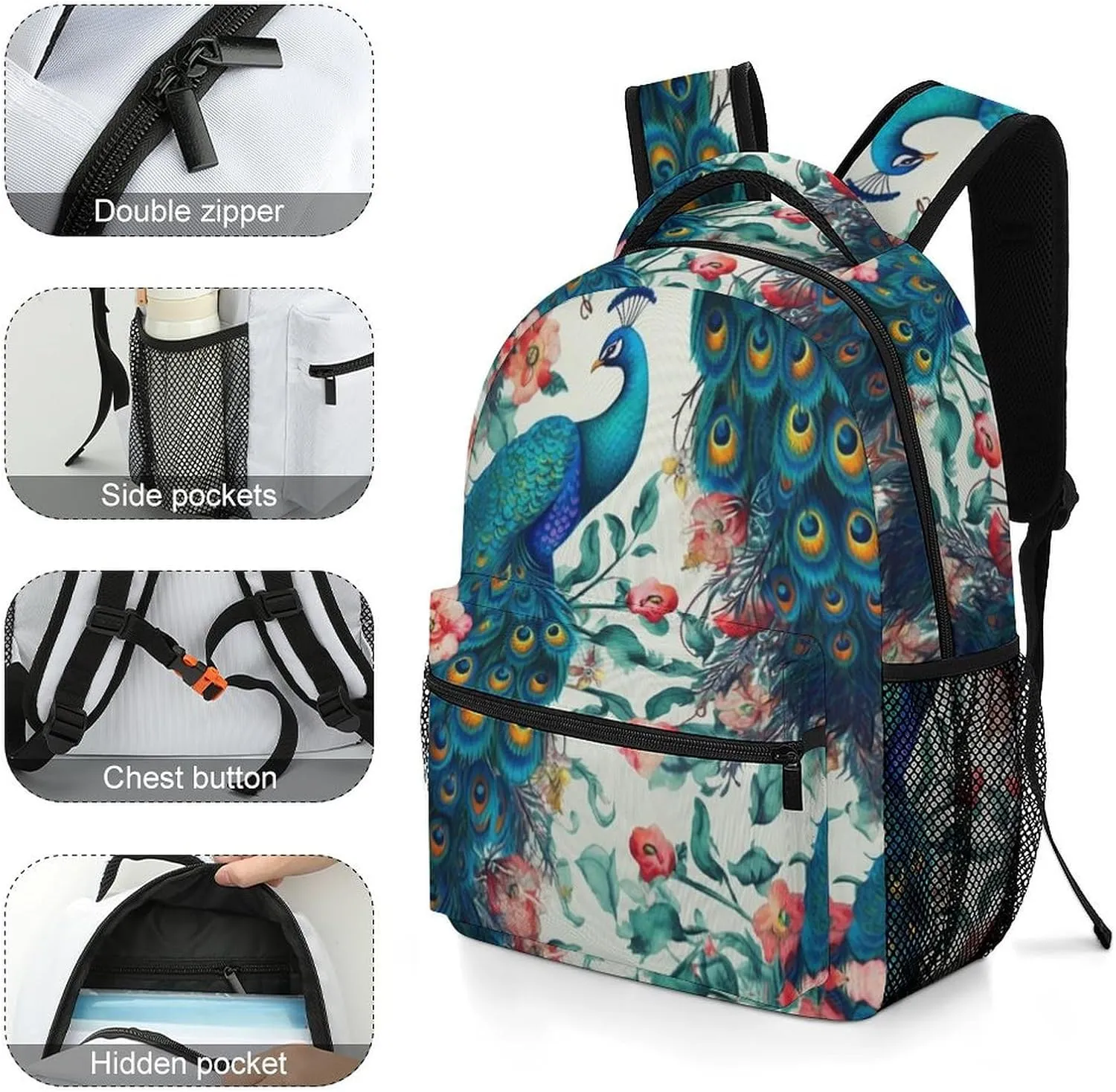 Backpacks Beautiful Peacock Flowers Travel Bag Laptop Backpack Casual Daypack for Weekender Business Hiking