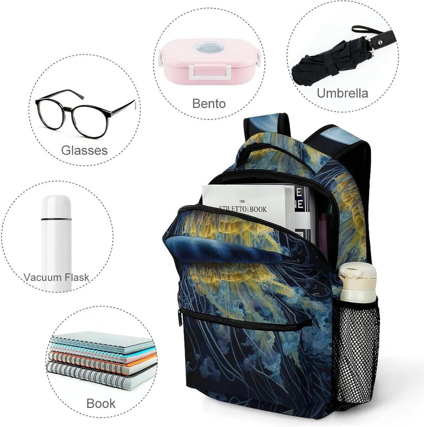 Backpacks Blue And Gold Jellyfish Travel Bag Laptop Backpack Casual Daypack for Weekender Business Hiking