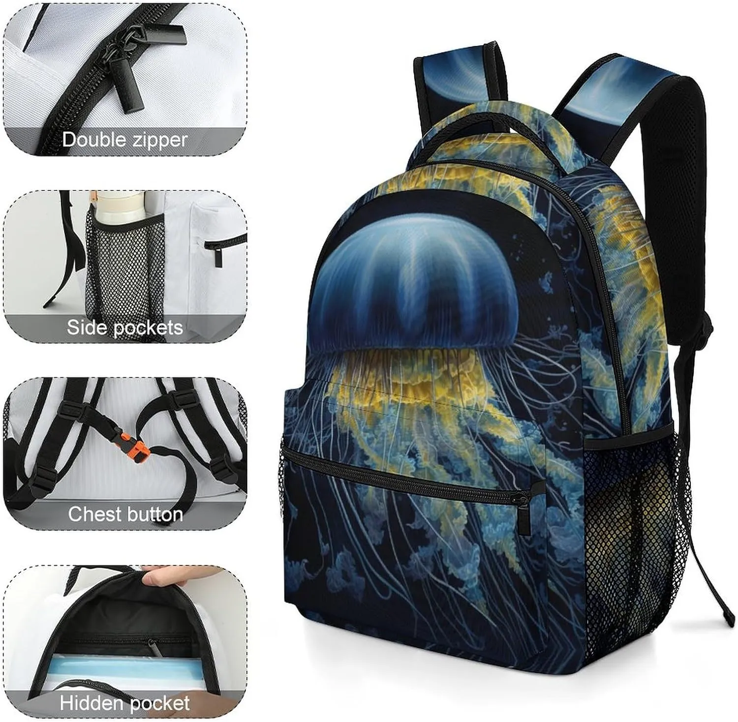 Backpacks Blue And Gold Jellyfish Travel Bag Laptop Backpack Casual Daypack for Weekender Business Hiking
