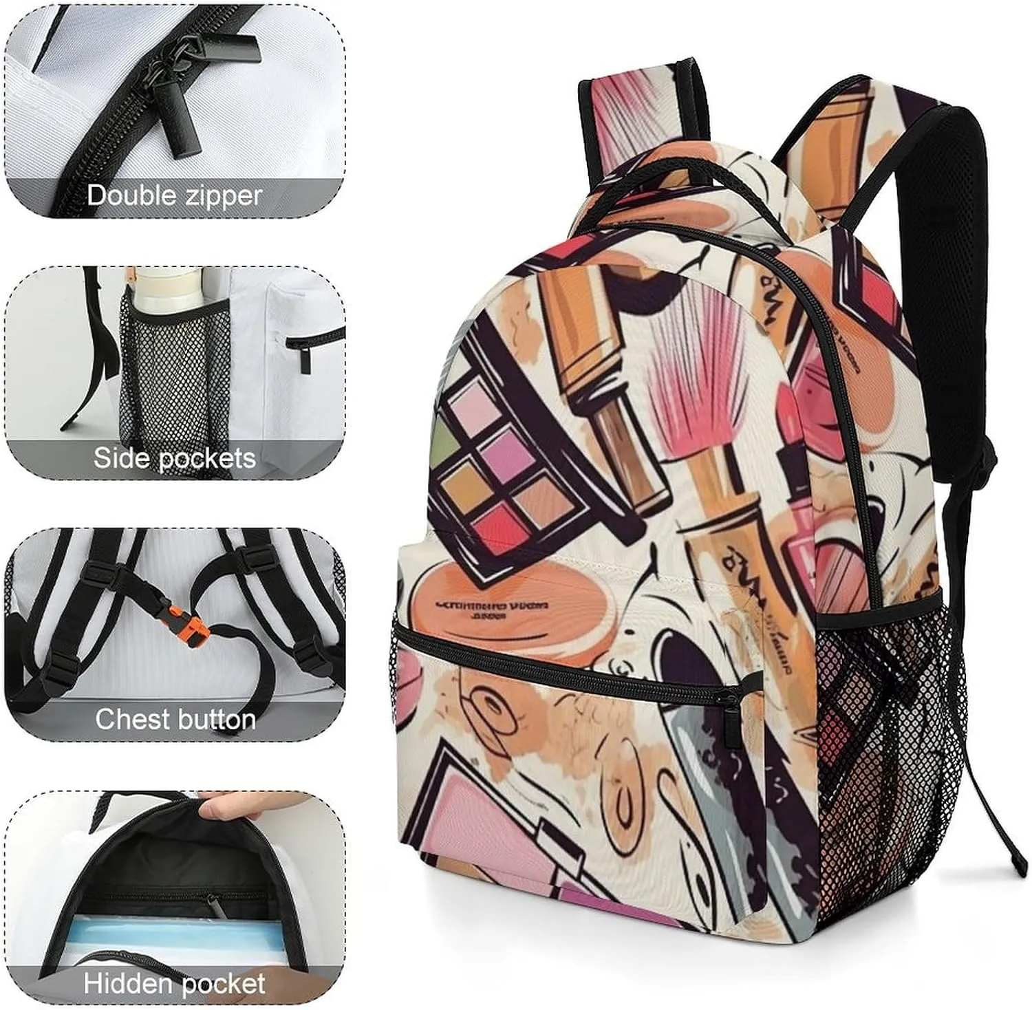 Backpacks Cosmetic And Makeup Theme Pattern Travel Bag Laptop Backpack Casual Daypack for Weekender Business Hiking