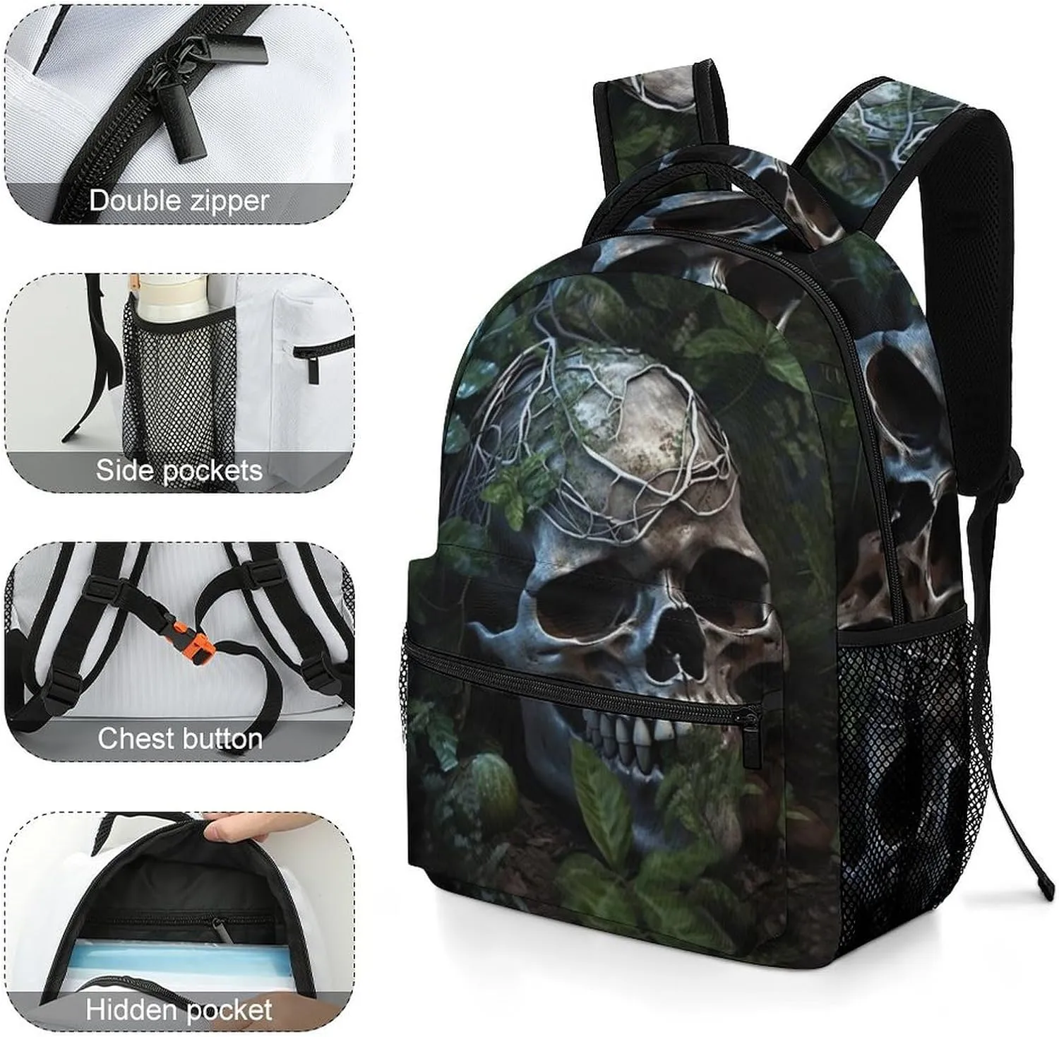 Backpacks Green Leaves And Skull Travel Bag Laptop Backpack Casual Daypack for Weekender Business Hiking