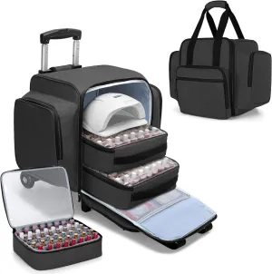BAFASO Rolling Nail Polish Organizer Holds 144 Bottles, Nail Polish Case with a Detachable Dolly and 3 Removable Cases (Patented Design), Black
