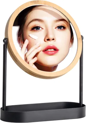 Bamboo Makeup Mirror with Storage, Double Sided Vanity Mirror 360° Rotation, 1X 3X Magnifying Table Mirror for Desk, Bathroom, Bedroom, Dressing Table