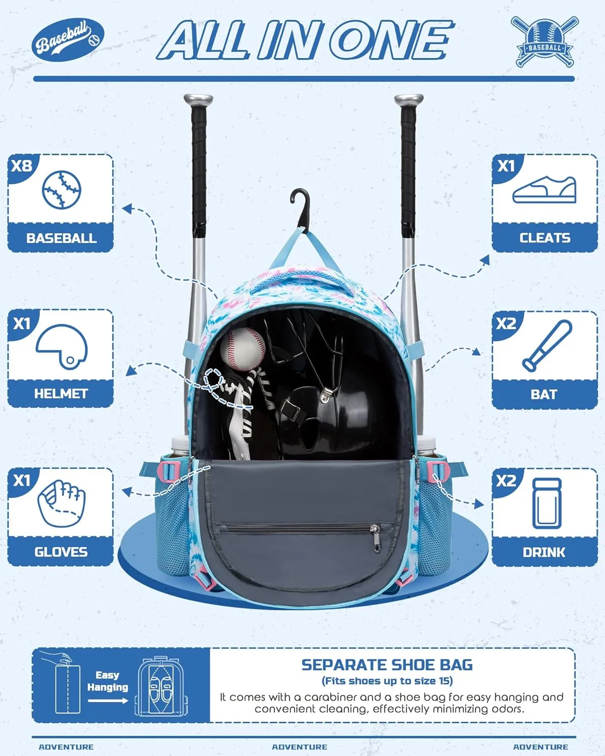 Baseball Softball Backpack for Kids Boys Girls 6-8 8-12 12-14 Large Youth Bat Bag for Gear Storage Baseball Softball Tball Equipment Back Pack with Separate Shoe Bag