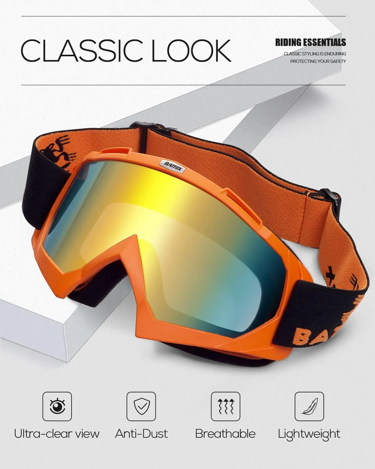 BATFOX Dirt Bike ATV Goggles Motorcycle Gear Riding Motocross Dirtbike 4-Wheeler MX DH Accessories Goggles Glasses for Men Women Youth UV400 Protection Dust-proof Anti-Slip Strap