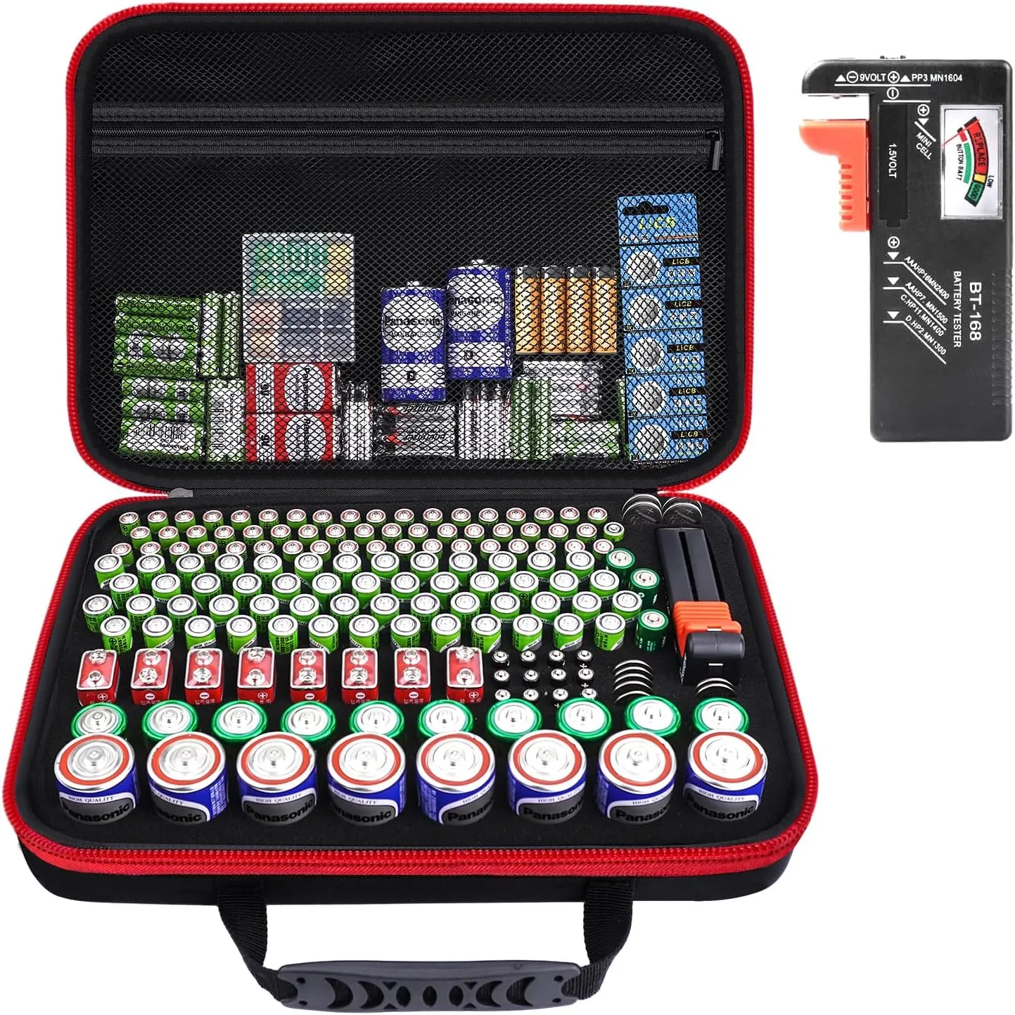 Battery Organizer Storage Case, Large Waterproof Carrying Bag Containers Box Holder Holds 210  Batteries AA AAA C D 9V 3V - with Battery Tester BT-168, Black&Red (Case Only)