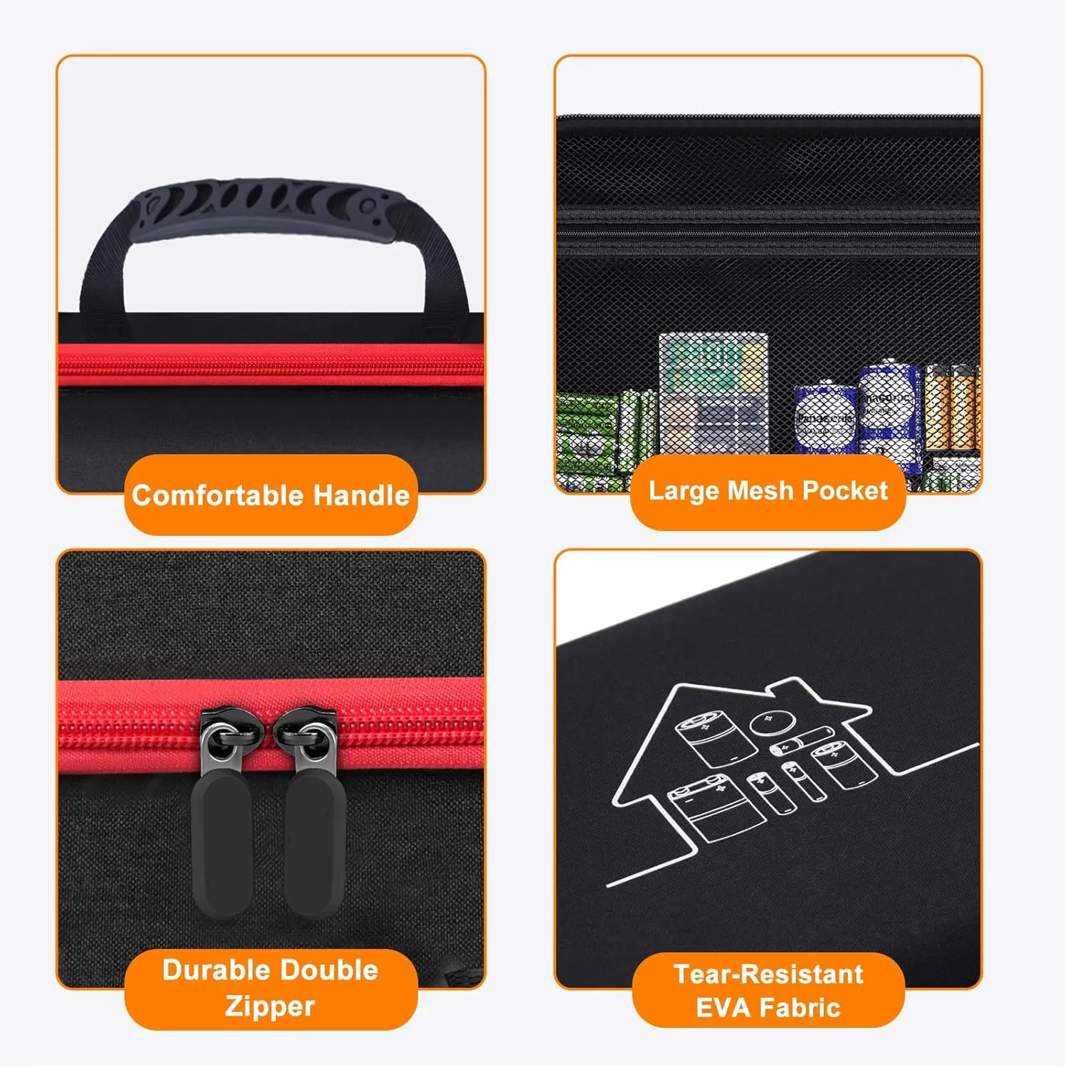 Battery Organizer Storage Case, Large Waterproof Carrying Bag Containers Box Holder Holds 210  Batteries AA AAA C D 9V 3V - with Battery Tester BT-168, Black&Red (Case Only)
