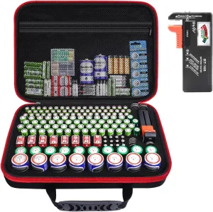 Battery Organizer Storage Case, Large Waterproof Carrying Bag Containers Box Holder Holds 210  Batteries AA AAA C D 9V 3V - with Battery Tester BT-168, Black&Red (Case Only)