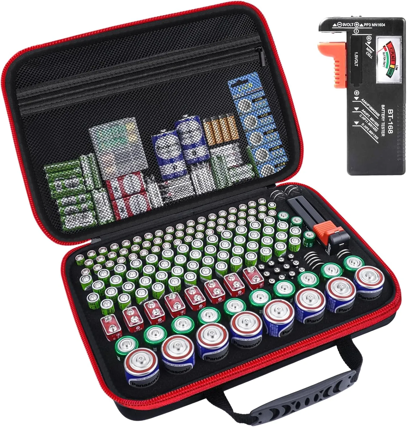 Battery Organizer Storage Case, Large Waterproof Carrying Bag Containers Box Holder Holds 210  Batteries AA AAA C D 9V 3V - with Battery Tester BT-168, Black&Red (Case Only)