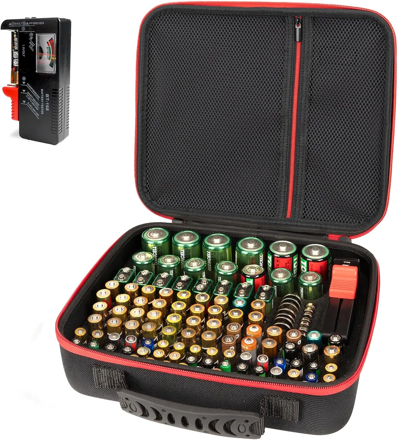 Battery Organizer Storage Case with Battery Tester, Battery Holder Organizer Fit for 126  Batteries AA AAA C D 9V LR44 CR2032, Battery Storage for Garage Organization, Hard Shell Battery Box