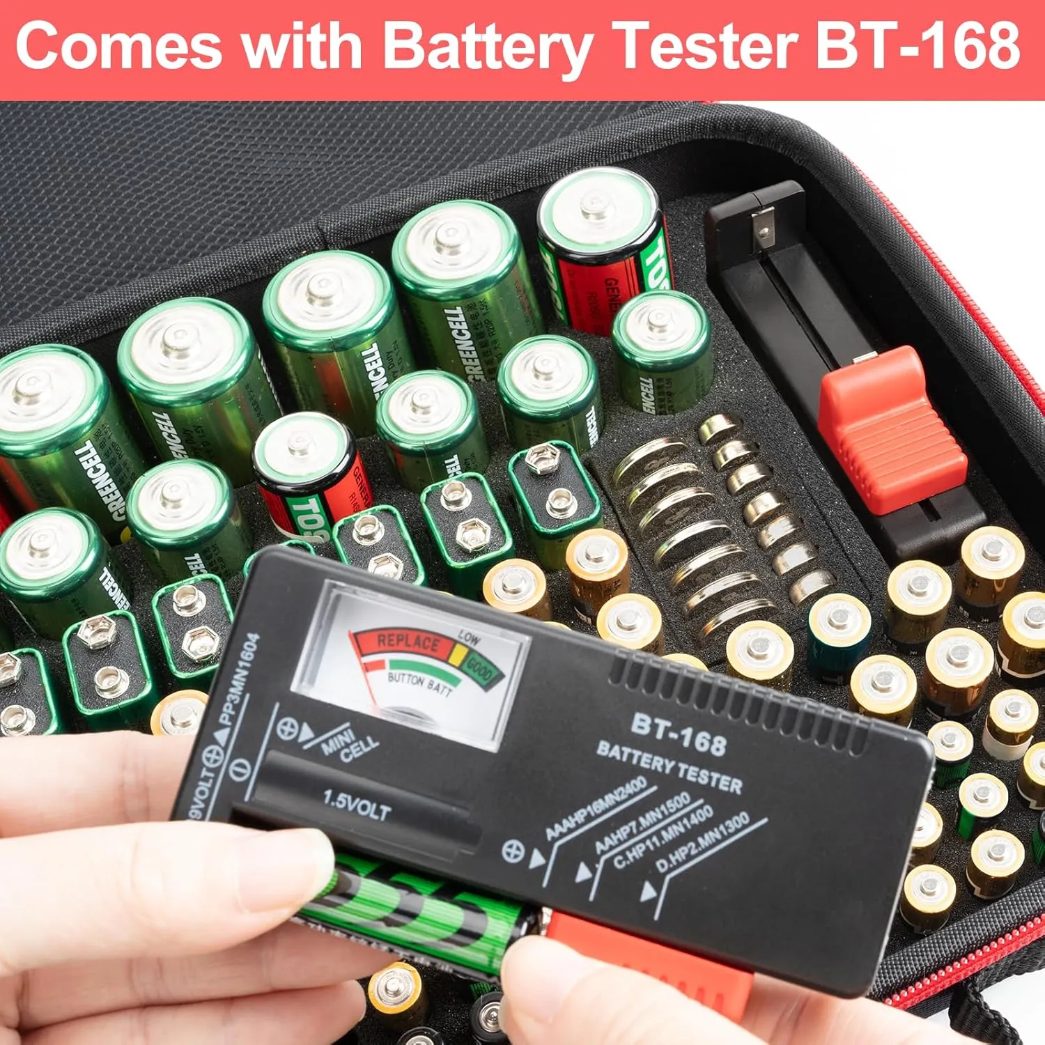 Battery Organizer Storage Case with Battery Tester, Battery Holder Organizer Fit for 126  Batteries AA AAA C D 9V LR44 CR2032, Battery Storage for Garage Organization, Hard Shell Battery Box