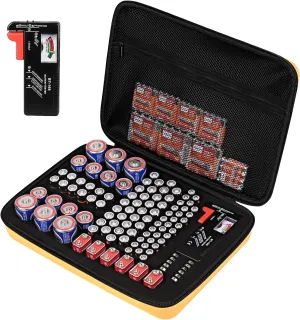 Battery Organizer Storage Case with Tester for AA AAA C D 9V Battery Holder 7 Batteries Variety Pack 111 Batteries Mesh Bag (Batteries Not Included)