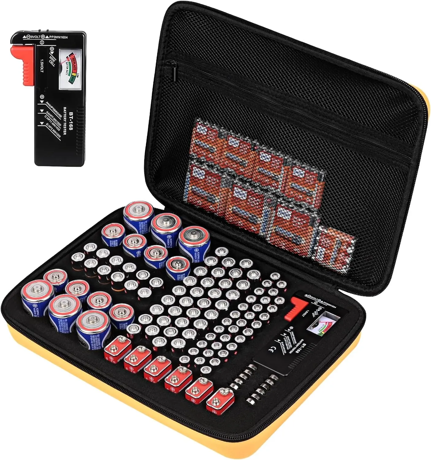 Battery Organizer Storage Case with Tester for AA AAA C D 9V Battery Holder 7 Batteries Variety Pack 111 Batteries Mesh Bag (Batteries Not Included)