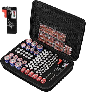 Battery Organizer Storage Case with Tester for AA AAA C D 9V Battery Holder 7 Batteries Variety Pack 111 Batteries Mesh Bag (Batteries Not Included)