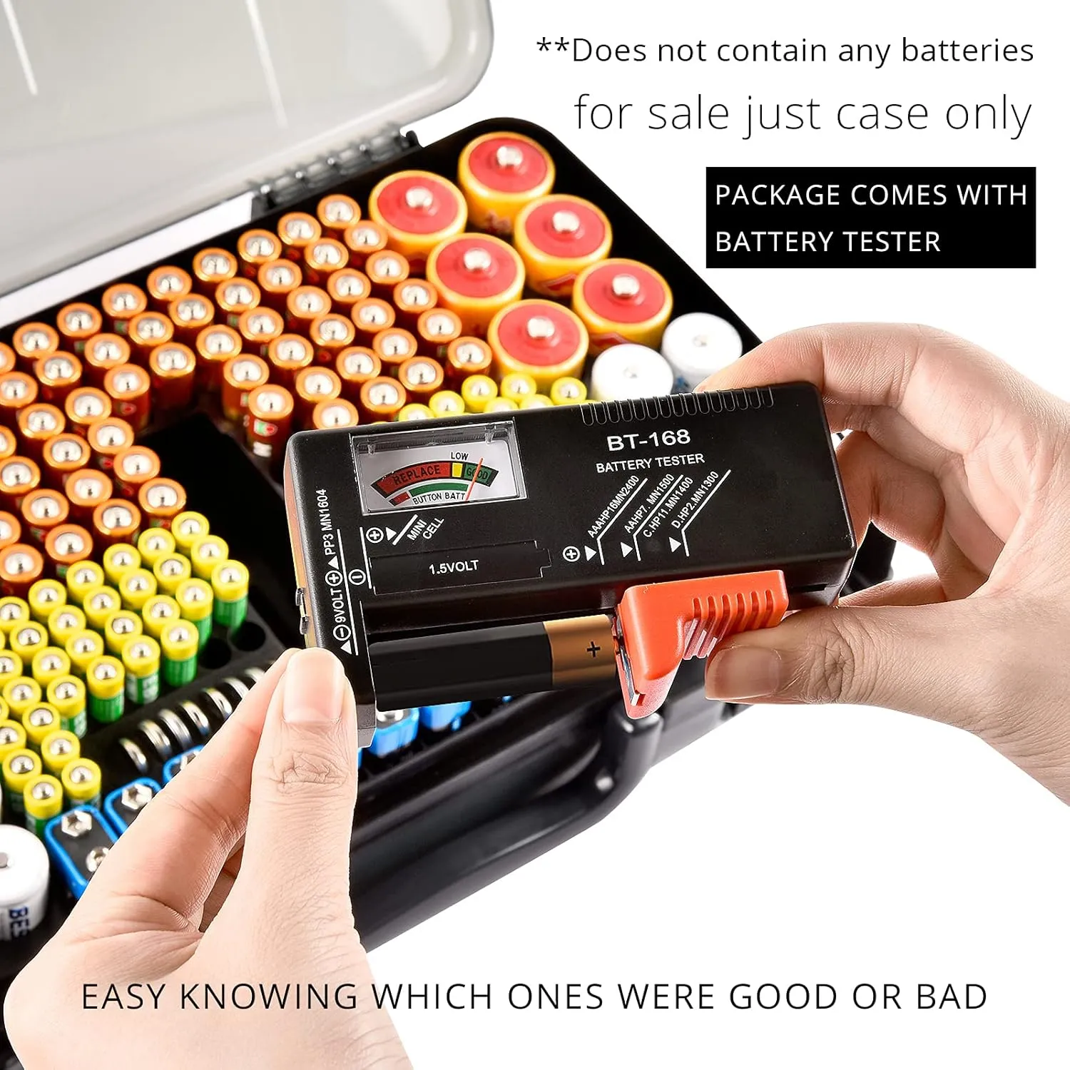 Battery Organizer Storage Holder Box Case with Tester- 269 Batteries Double-Sided Variety Pack, Holds AA AAA 4A C D Cell 9V 3V Lithium LR44 CR2 CR123 CR1632 18650 Button- Grey