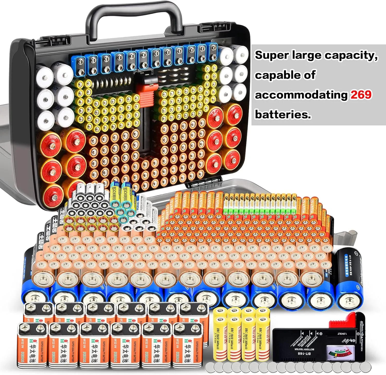 Battery Organizer Storage Holder Box Case with Tester- 269 Batteries Double-Sided Variety Pack, Holds AA AAA 4A C D Cell 9V 3V Lithium LR44 CR2 CR123 CR1632 18650 Button- Grey