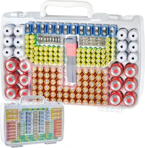 Battery Organizer Storage Holder Case with Double-Sided, Garage Box with Tester Checker. Batteries Container for 269pcs AA AAA AAAA 3A 4A 9V C D Lithium 4LR44 CR2 CR123A CR1632 CR2032 18650 - White