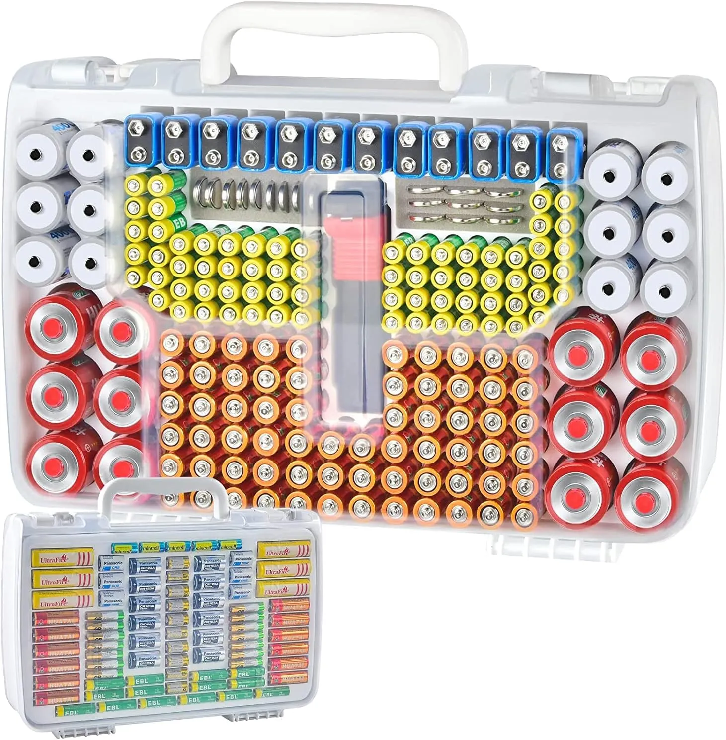 Battery Organizer Storage Holder Case with Double-Sided, Garage Box with Tester Checker. Batteries Container for 269pcs AA AAA AAAA 3A 4A 9V C D Lithium 4LR44 CR2 CR123A CR1632 CR2032 18650 - White