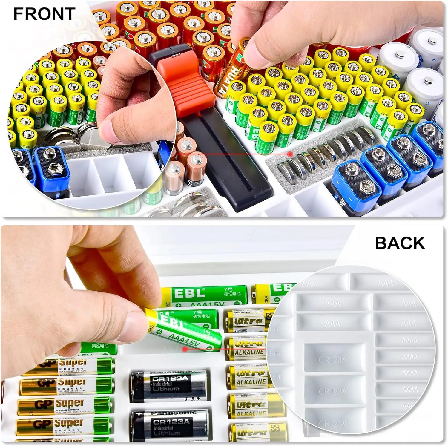 Battery Organizer Storage Holder Case with Double-Sided, Garage Box with Tester Checker. Batteries Container for 269pcs AA AAA AAAA 3A 4A 9V C D Lithium 4LR44 CR2 CR123A CR1632 CR2032 18650 - White