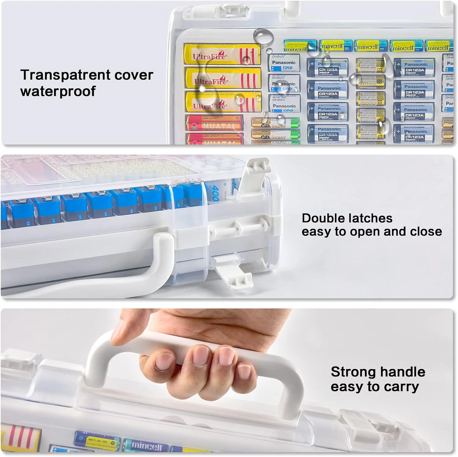 Battery Organizer Storage Holder Case with Double-Sided, Garage Box with Tester Checker. Batteries Container for 269pcs AA AAA AAAA 3A 4A 9V C D Lithium 4LR44 CR2 CR123A CR1632 CR2032 18650 - White