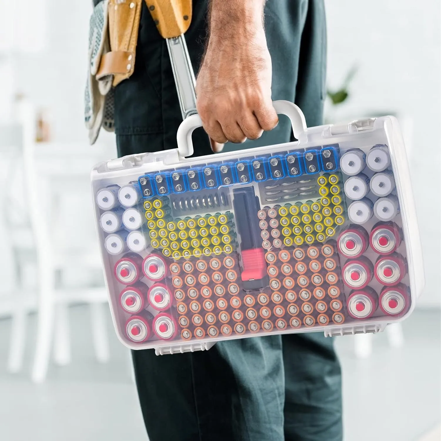 Battery Organizer Storage Holder Case with Double-Sided, Garage Box with Tester Checker. Batteries Container for 269pcs AA AAA AAAA 3A 4A 9V C D Lithium 4LR44 CR2 CR123A CR1632 CR2032 18650 - White
