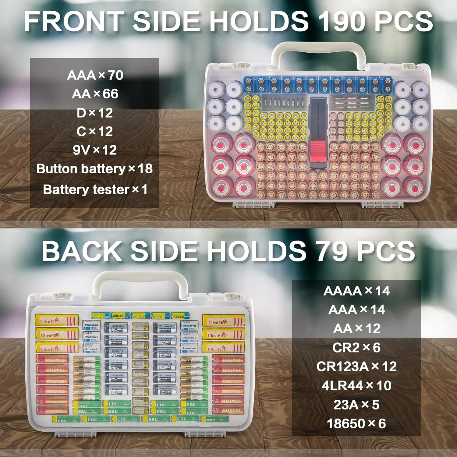 Battery Organizer Storage Holder Case with Double-Sided, Garage Box with Tester Checker. Batteries Container for 269pcs AA AAA AAAA 3A 4A 9V C D Lithium 4LR44 CR2 CR123A CR1632 CR2032 18650 - White
