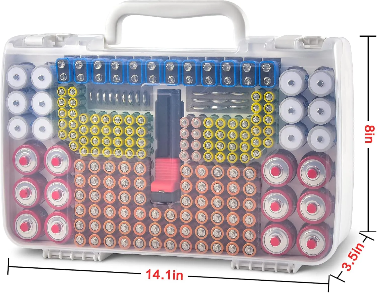 Battery Organizer Storage Holder Case with Double-Sided, Garage Box with Tester Checker. Batteries Container for 269pcs AA AAA AAAA 3A 4A 9V C D Lithium 4LR44 CR2 CR123A CR1632 CR2032 18650 - White