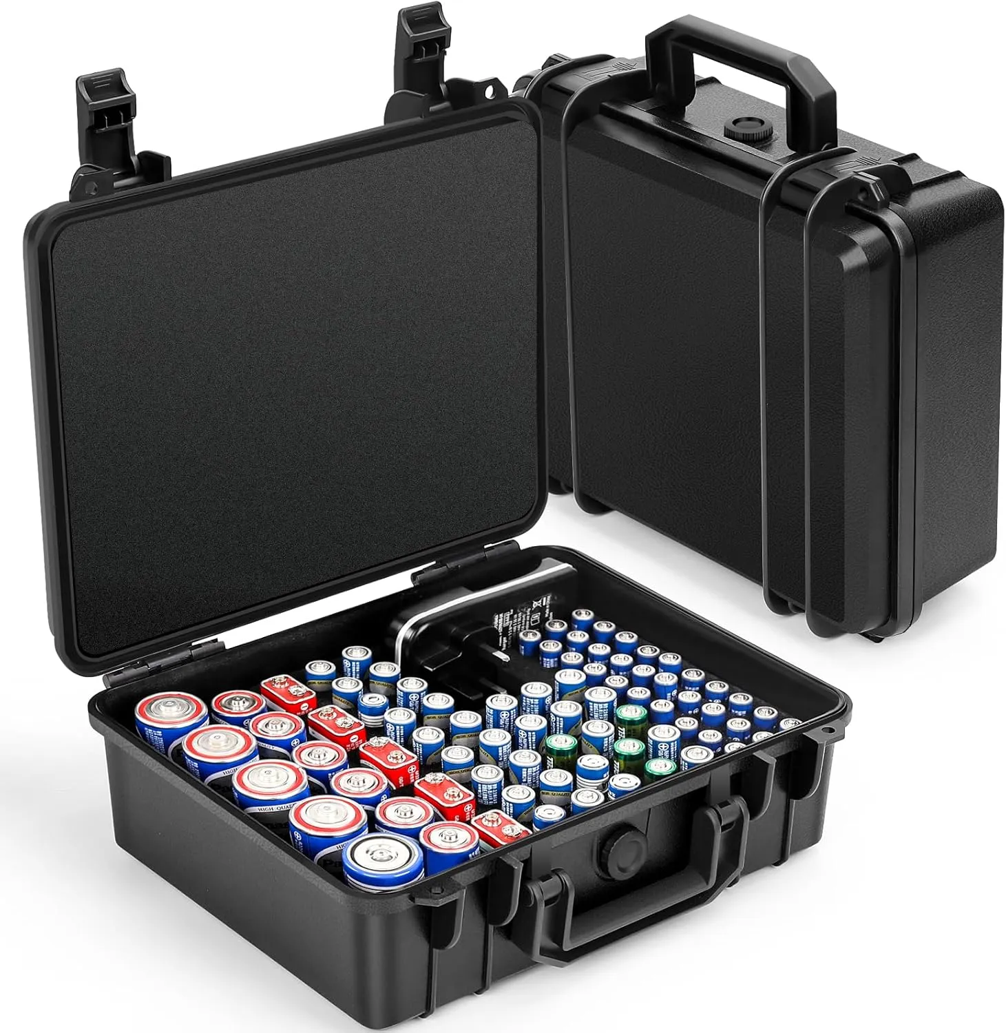Battery Storage Case for 88 Batteries - Hard Organizer for AA/AAA / 9V /C/D Batterie and Storable Battery Charger. (Black)