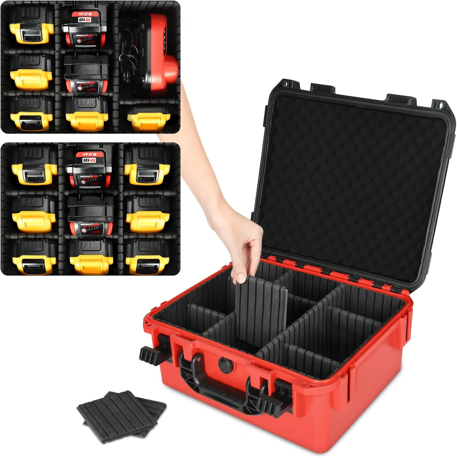 Battery Storage Case for Milwaukee M18: Waterproof Hard Carrying Case Organizer with 9 Divider for Milwaukee M18/M12 Tool Battery Pack 18V/12V 1.5/2.0/3.0/4.0/5.0/6.0/6.5/8.0/9.0Ah Charger (Case Only)