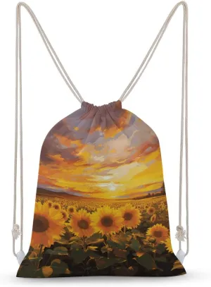 Beautiful Sunflower Field Sunset Drawstring Backpack for Women Men Drawstring Bag for Travel Swimming Sports Gym Bag