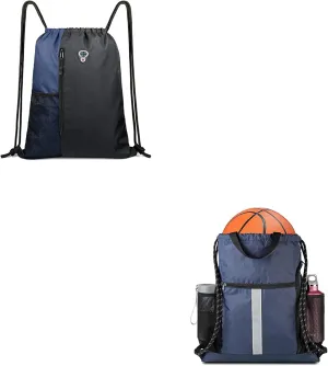 BeeGreen 2 Pack Gym-Drawstring-Backpack-Bag With Shoe Compartment and Two Water Bottle Holder Large String Backpack Sports Bag Navy Blue
