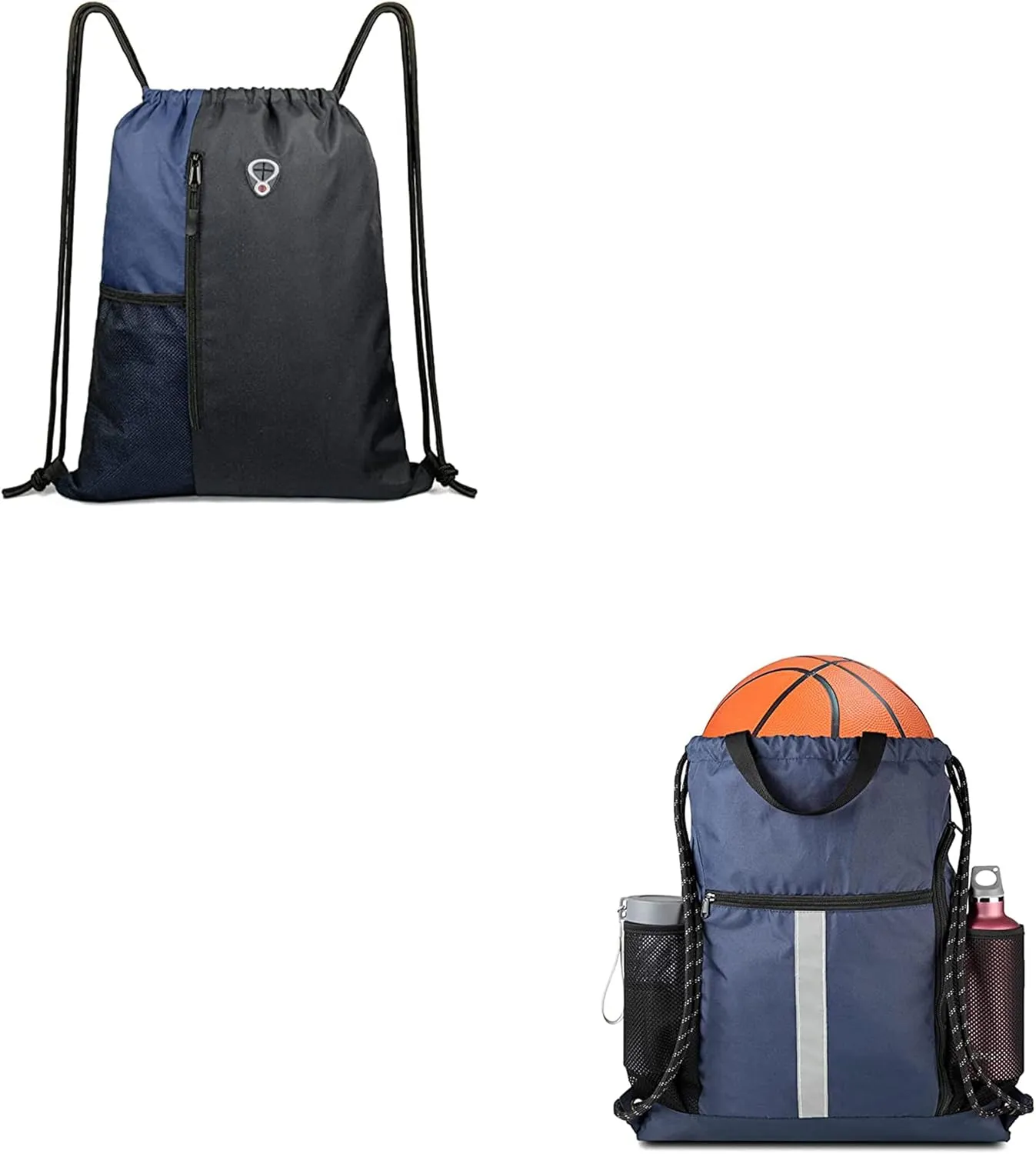 BeeGreen 2 Pack Gym-Drawstring-Backpack-Bag With Shoe Compartment and Two Water Bottle Holder Large String Backpack Sports Bag Navy Blue
