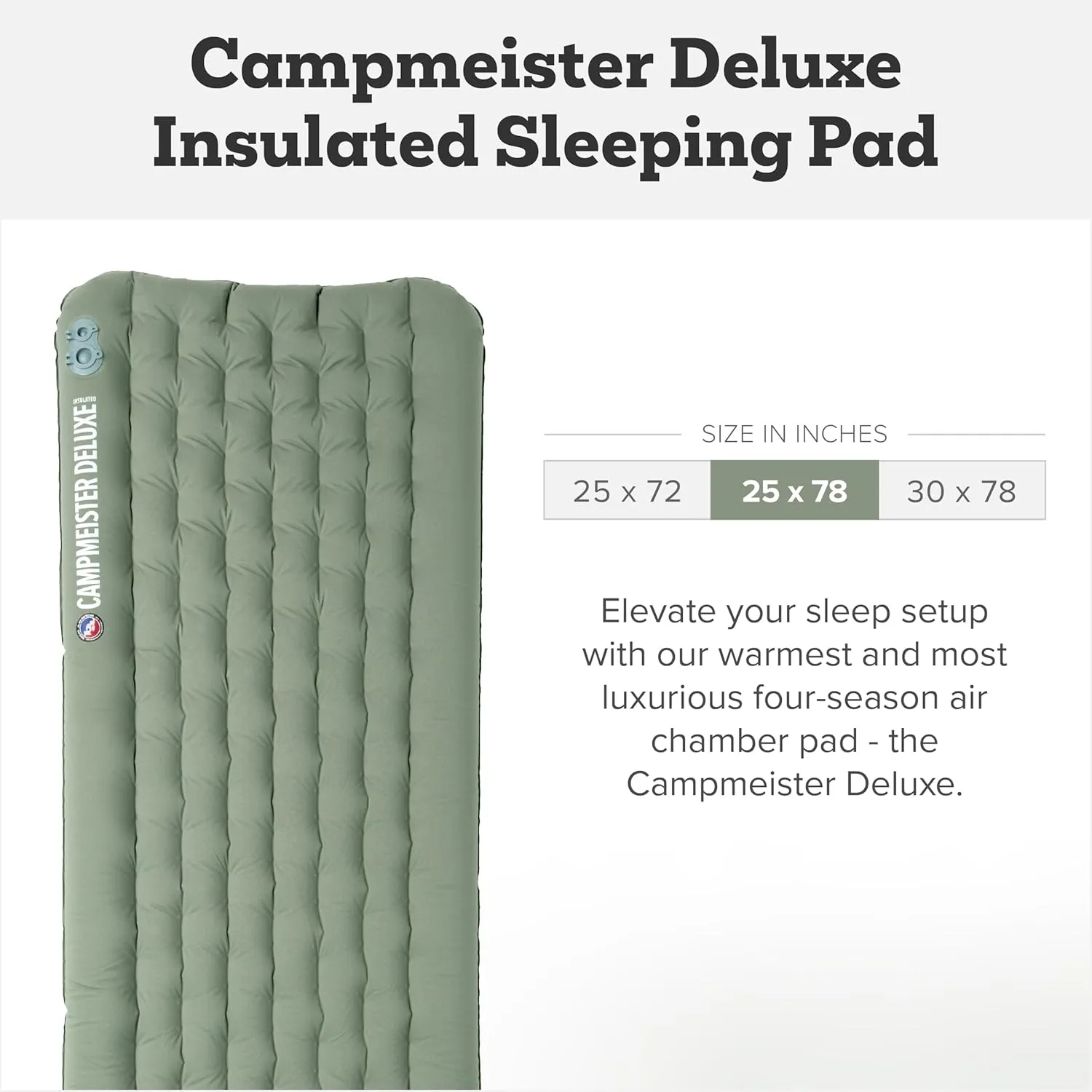 Big Agnes Campmeister Deluxe - Insulated Sleeping Pad, Ultralight Inflatable Mat for Camping, All Season Compact Backpacking and Hiking, 25x78 Wide Long
