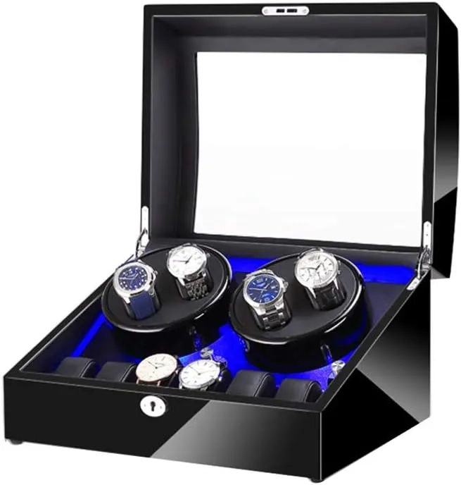 Black 4 6 Automatic Watch Winder Box，with LED Light, in Wood Shell and Leather, Piano Paint Exterior, Super Quiet Motor Watch Winder for Automatic Watches A