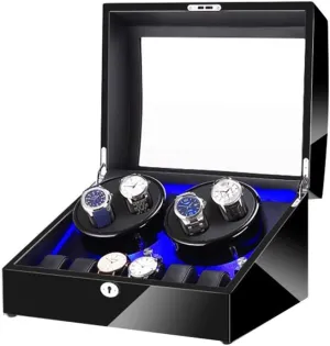Black 4 6 Automatic Watch Winder Box，with LED Light, in Wood Shell and Leather, Piano Paint Exterior, Super Quiet Motor Watch Winder for Automatic Watches A