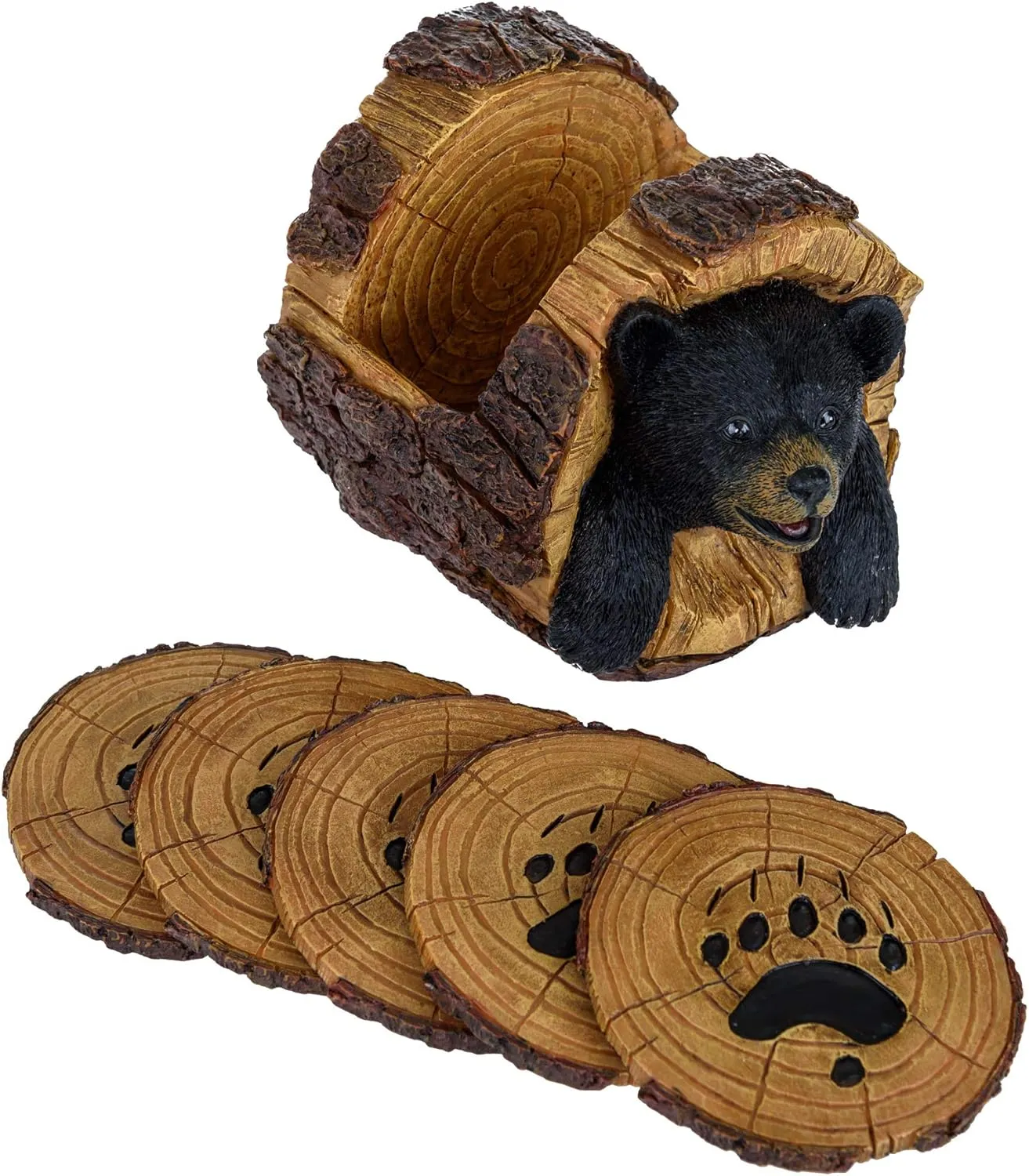 Black Bear Rustic Log Coaster Set - Drink Holders for Home Decor - Bear Print Cabin Coasters