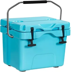 Blue 16 Quart Cooler Portable Ice Chest 24 Cans Ice Box Leak-Proof Design Equipped with 2 Cup Holders Securing Latches Lockable Lid Stainless Steel Handle Drain Plug Foot Pads 5 Days Ice Retention