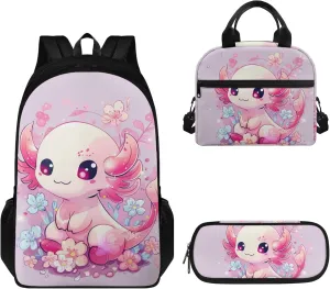 Boatee Axolotl Cute School Bags for Teen Girls with Lunch Bag Pencil Bag 8th Grade 3 Pcs Set School Bag for Primary School Students Large Capacity 7-13Y Kids School Backpack Set