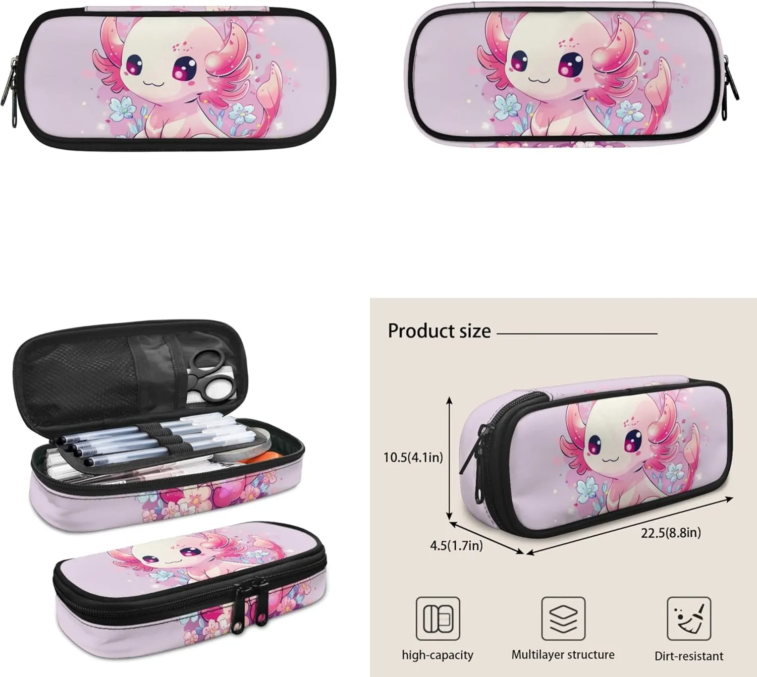 Boatee Axolotl Cute School Bags for Teen Girls with Lunch Bag Pencil Bag 8th Grade 3 Pcs Set School Bag for Primary School Students Large Capacity 7-13Y Kids School Backpack Set