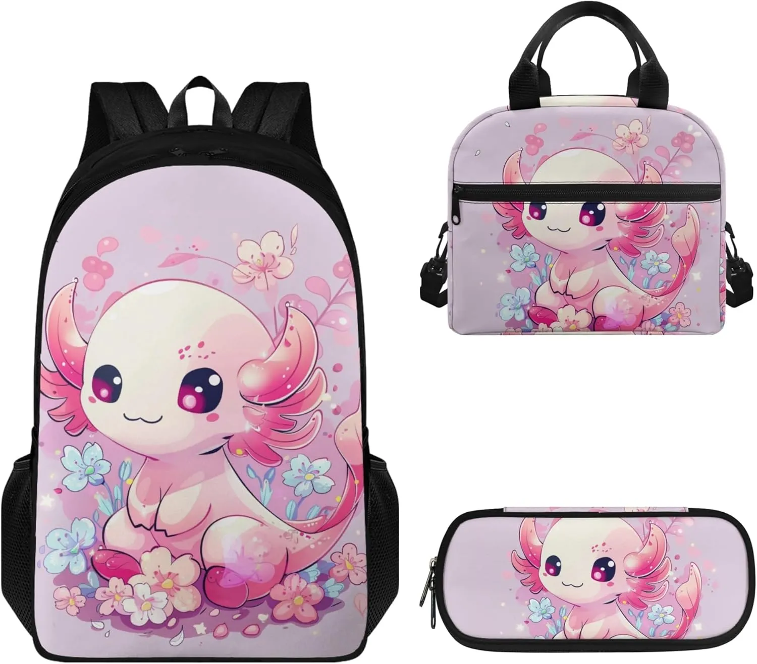 Boatee Axolotl Cute School Bags for Teen Girls with Lunch Bag Pencil Bag 8th Grade 3 Pcs Set School Bag for Primary School Students Large Capacity 7-13Y Kids School Backpack Set