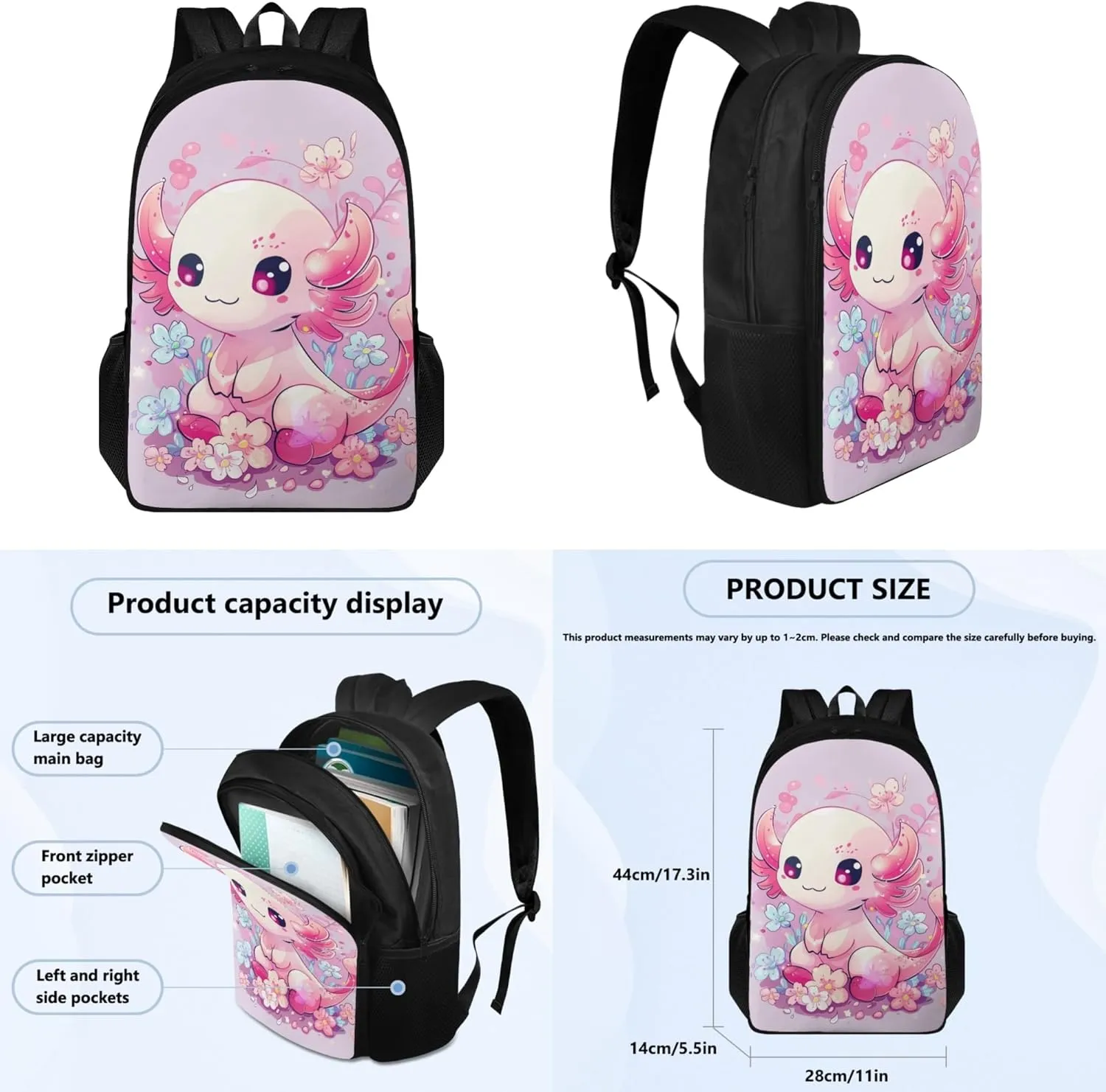 Boatee Axolotl Cute School Bags for Teen Girls with Lunch Bag Pencil Bag 8th Grade 3 Pcs Set School Bag for Primary School Students Large Capacity 7-13Y Kids School Backpack Set