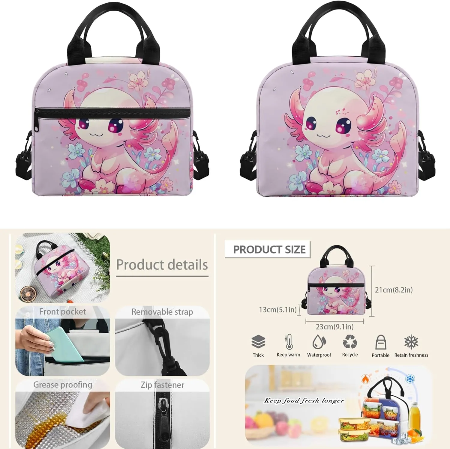 Boatee Axolotl Cute School Bags for Teen Girls with Lunch Bag Pencil Bag 8th Grade 3 Pcs Set School Bag for Primary School Students Large Capacity 7-13Y Kids School Backpack Set
