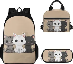 Boatee Cats Kids School Bags for Girls 8-12 Years with Lunch Bag Pencil Bag School Backpack for Girls Teenagers 7th Grade Large Capacity School Bag Set Lunch Box and Pencil Case Set