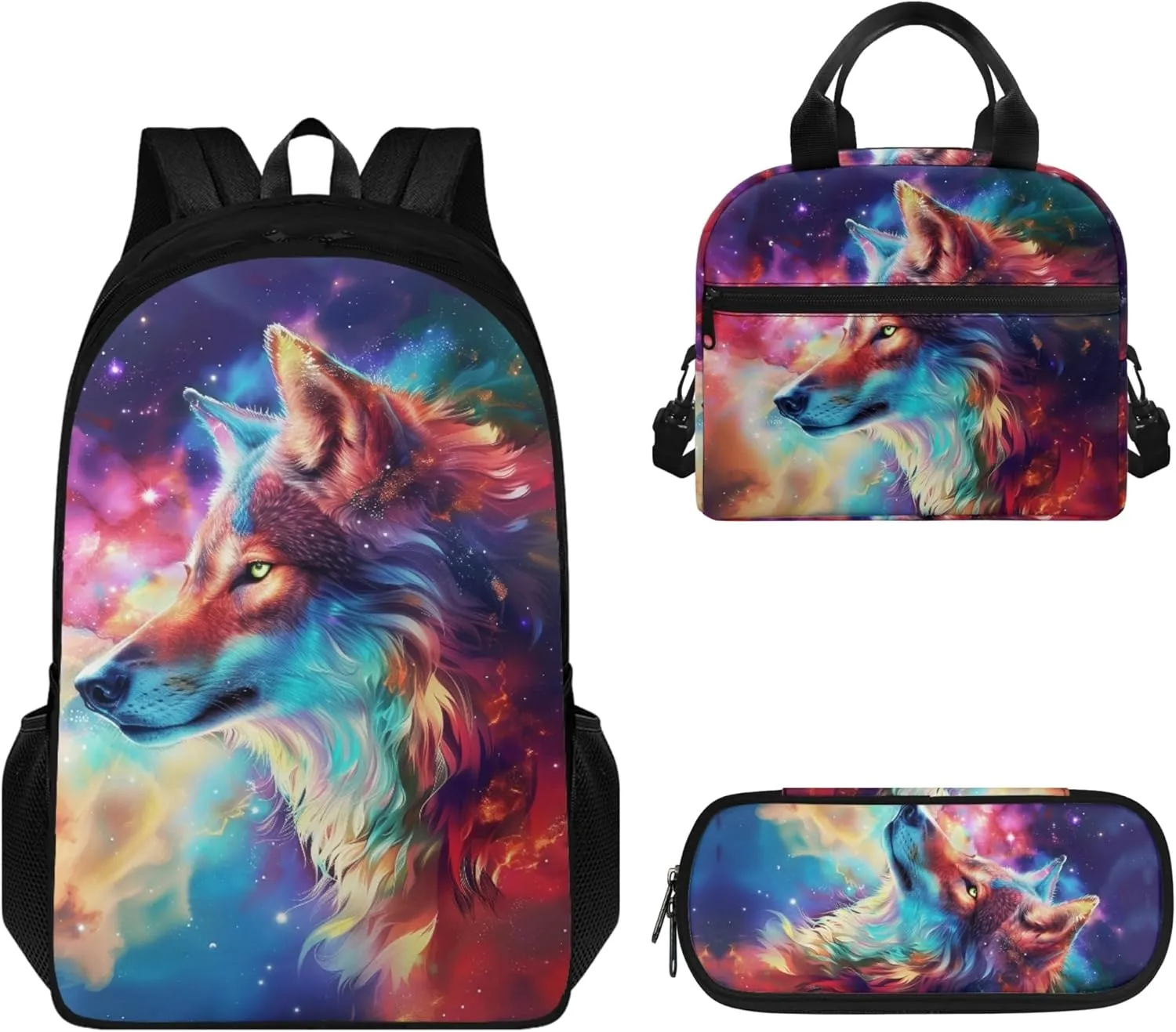 Boatee Galaxy Wolf Backpack foe Boys Girls Kids 6th and 7th Grade 3 in 1 School Bag Lunch Box and Pencil Case Set 11-13 Years Old Teens Back Packs School Boys Lunchcase and Pen-Bag