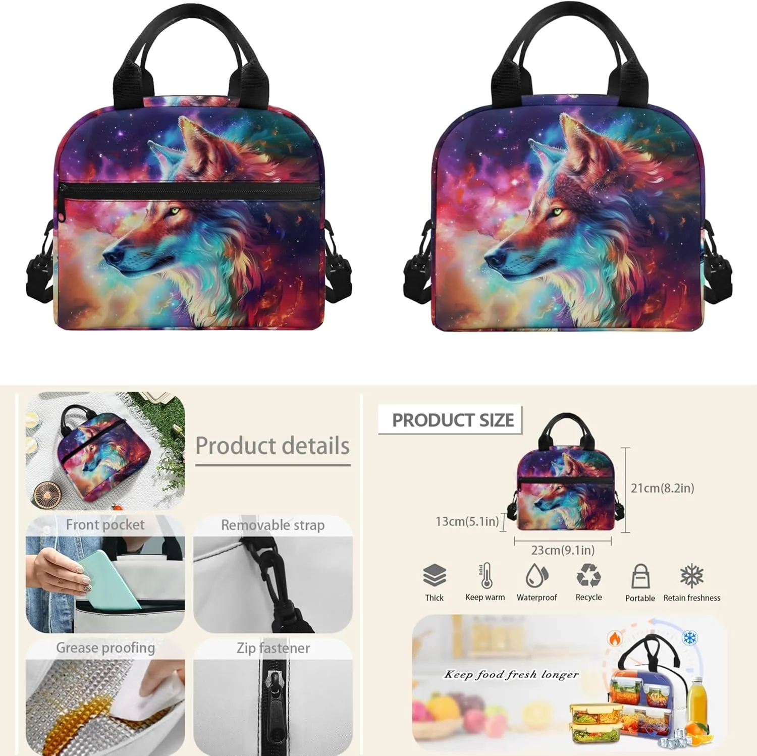 Boatee Galaxy Wolf Backpack foe Boys Girls Kids 6th and 7th Grade 3 in 1 School Bag Lunch Box and Pencil Case Set 11-13 Years Old Teens Back Packs School Boys Lunchcase and Pen-Bag