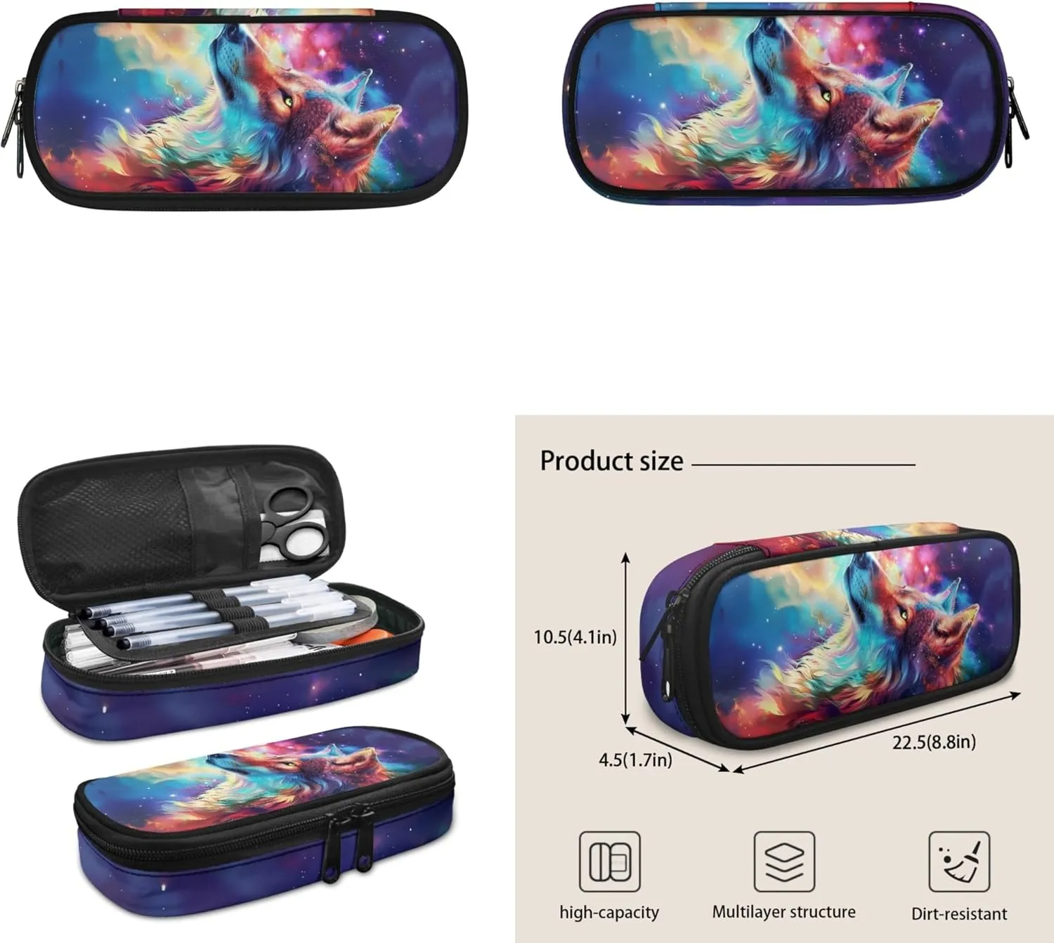 Boatee Galaxy Wolf Backpack foe Boys Girls Kids 6th and 7th Grade 3 in 1 School Bag Lunch Box and Pencil Case Set 11-13 Years Old Teens Back Packs School Boys Lunchcase and Pen-Bag