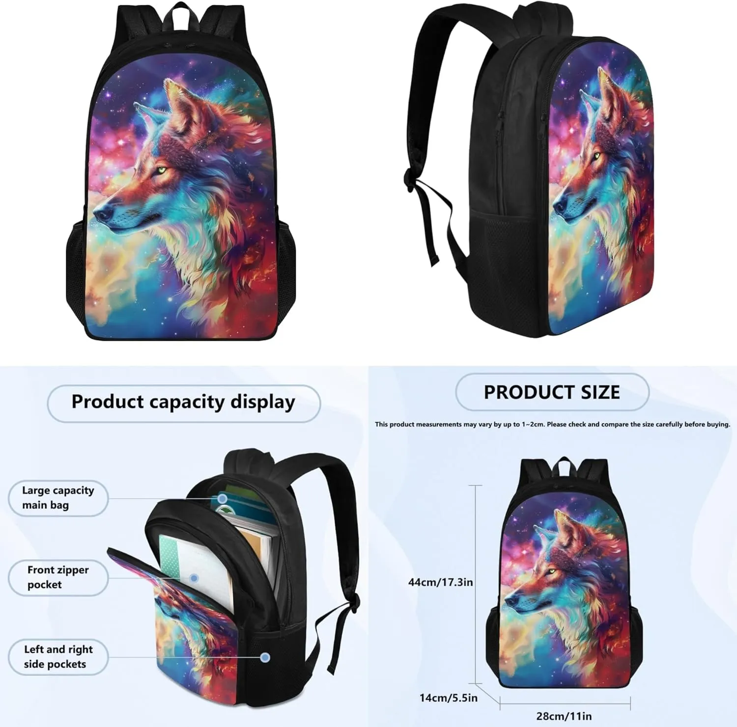 Boatee Galaxy Wolf Backpack foe Boys Girls Kids 6th and 7th Grade 3 in 1 School Bag Lunch Box and Pencil Case Set 11-13 Years Old Teens Back Packs School Boys Lunchcase and Pen-Bag