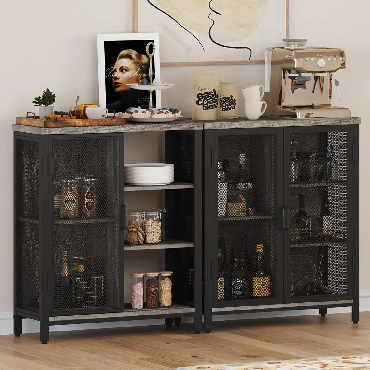 BON AUGURE Liquor Cabinet Bar for Home, Farmhouse Coffee Storage Cabinet for Kitchen, Small Wood Sideboard Buffet Station Cabinets with Door (Dark Grey Oak, 36")