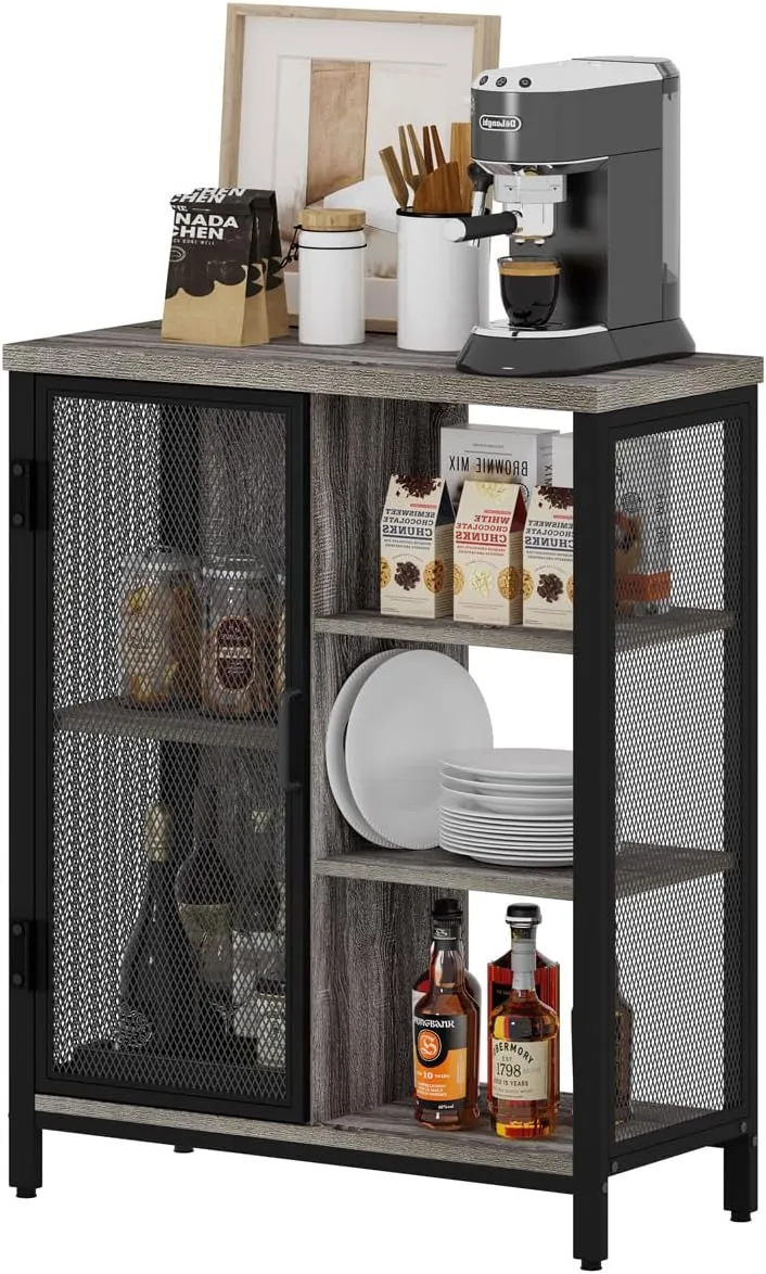 BON AUGURE Liquor Cabinet Bar for Home, Farmhouse Coffee Storage Cabinet for Kitchen, Small Wood Sideboard Buffet Station Cabinets with Door (Dark Grey Oak, 36")