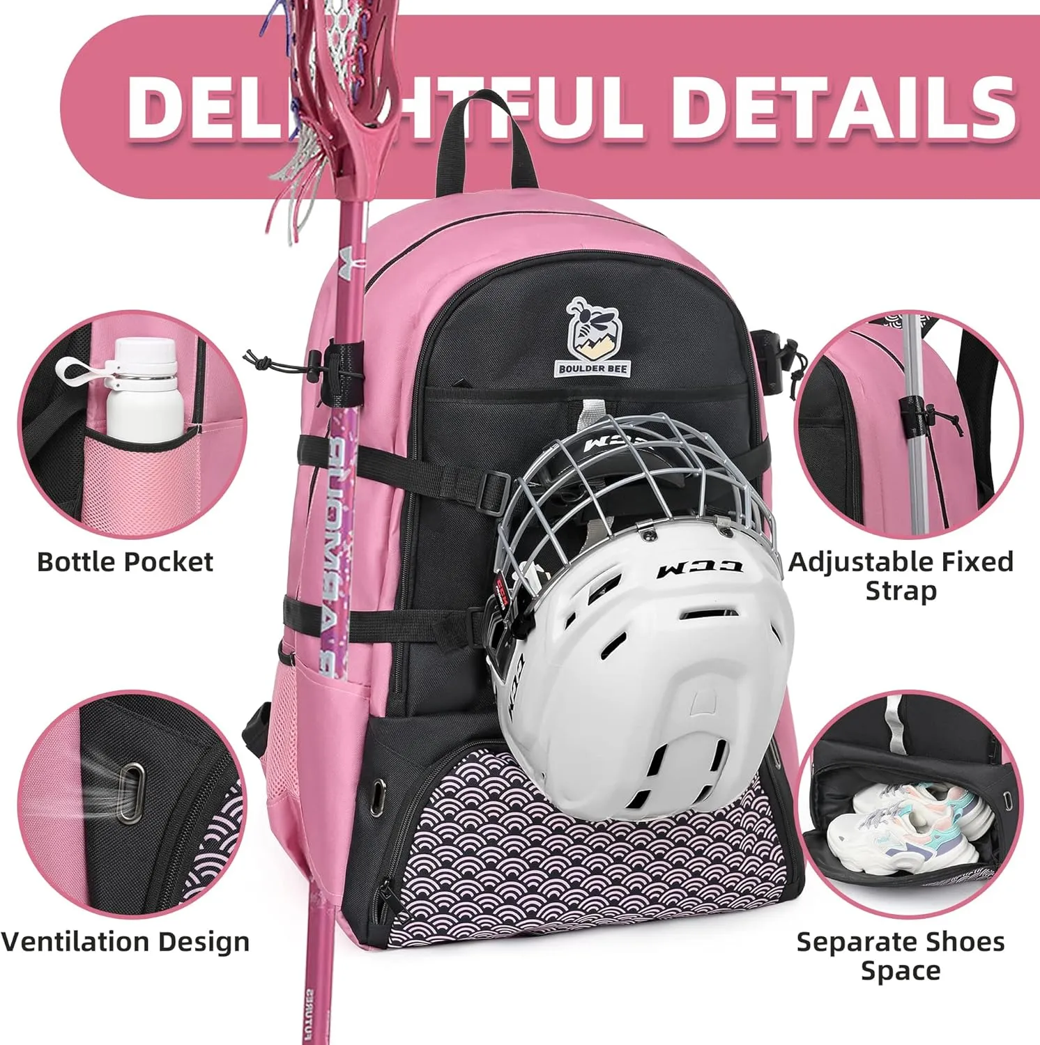 Boulder Bee Lacrosse Backpack with Stick Holders | Field Hockey Bag | Gift for Women
